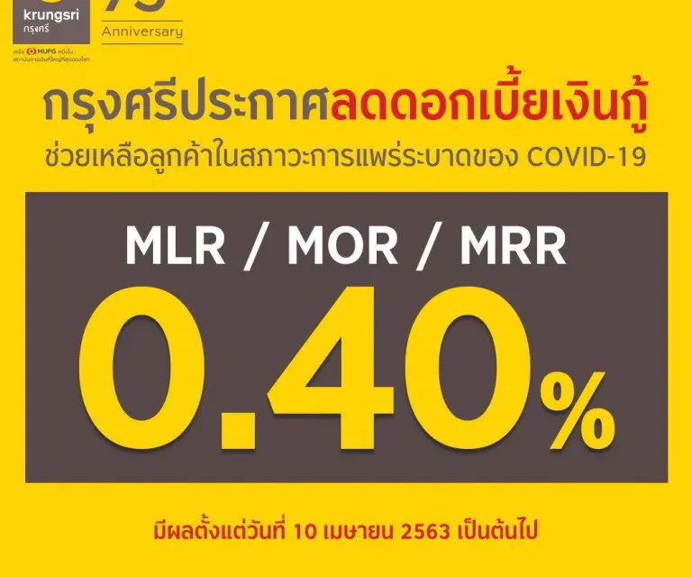 กรุงศรีประกาศลดอัตราดอกเบี้ยเงินกู้ MLR, MOR และ MRR ช่วยลูกค้าให้ผ่านวิกฤตโควิด-19 มีผล 10 เม.ย.นี้