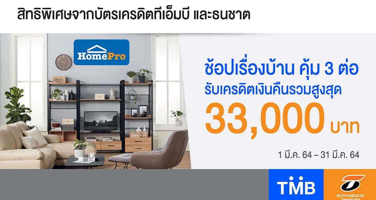 บัตรเครดิตทีเอ็มบีและธนชาต ร่วมกับ HomePro ให้คุณช้อปเรื่องบ้านคุ้ม 3 ต่อ รับเครดิตเงินคืนรวมสูงสุด 33,000 บาท