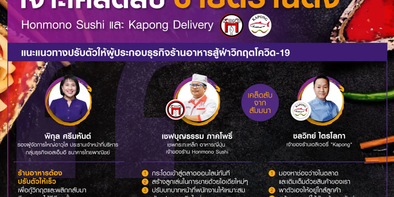 ไทยพาณิชย์เจาะเคล็ดลับขายดีร้านดัง Honmono Sushi และ Kapong Delivery  แนะแนวทางปรับตัวให้ผู้ประกอบธุรกิจร้านอาหารสู้ฝ่าวิกฤตโควิด-19