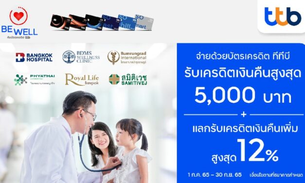 บัตรเครดิต ทีทีบี ร่วมกับ โรงพยาบาลชั้นนำที่ร่วมรายการ จัดแคมเปญ “ยิ้มรับสุขภาพดี”  รับสิทธิพิเศษ! เครดิตเงินคืนสูงสุด 5,000 บาท และแลกรับเครดิตเงินคืนสูงสุด 12%