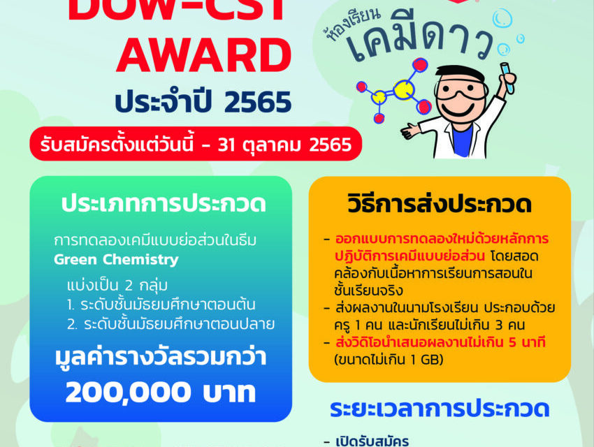 Dow ชวนน้องมัธยม คิดการทดลองเคมีย่อส่วน  ชิงรางวัล DOW-CST Award มูลค่ารวมกว่า 2 แสนบาท