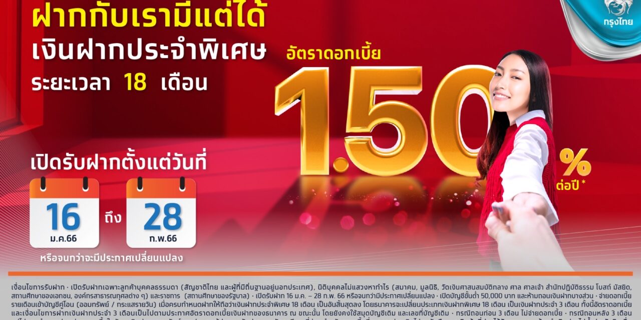 “กรุงไทย” หนุนคนไทยออมเงินต่อเนื่อง ออกเงินฝากประจำพิเศษ 18 เดือน ดอกเบี้ยสูง 1.5% ต่อปี 
