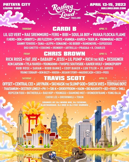 ‘Rolling Loud Thailand’ เทศกาลดนตรี Hip Hop สุดยิ่งใหญ่ระดับโลกครั้งแรกในเอเชีย เตรียม      ขนกองทัพศิลปินนำโดย แร็ปเปอร์ชื่อดัง Cardi B พร้อมด้วย Chris Brown, Travis Scott, Lil Pump, Rick Ross, BIBI และอีกมากมาย ร่วมขึ้น 2 เวทีใหญ่ยักษ์พร้อมด้วยเอฟเฟกต์ตระการตาที่ Legend Siam        เมืองพัทยา ชลบุรี ในช่วงเทศกาลสงกรานต์ 13-15 เมษายน นี้ นางสาวฐาปนีย์ เกียรติไพบูลย์ รองผู้ว่าการด้านตลาดในประเทศ ททท.  กล่าวว่า “สงกรานต์นี้ ททท. เตรียมจัดอีเวนท์สงกรานต์ยิ่งใหญ่ 5 ภาค ส่งเสริมให้นักท่องเที่ยวชาวไทยและชาวต่างชาติเดินทางท่องเที่ยวเฉลิมฉลองเทศกาลสงกรานต์กันอย่างคึกคักทั่วประเทศ เพื่อเร่งการฟื้นตัวของอุตสาหกรรมท่องเที่ยวไทยและเป็นการตอกย้ำว่าเทศกาลสงกรานต์เป็น World Event ของไทย โดยสำหรับเทศกาลดนตรี ‘Rolling Loud’ ที่ ททท.ร่วมสนับสนุนการจัดในครั้งนี้ เป็นเทศกาลดนตรีที่มีชื่อเสียงระดับโลก โดยใช้เมืองพัทยา(ประเทศไทย)เป็นสถานที่จัดงานครั้งแรกในเอเชีย แสดงให้เห็นถึงศักยภาพและความพร้อมของพัทยาในการเป็นจุดหมายปลายทางด้านการท่องเที่ยว ซึ่งนอกจากจะช่วยเพิ่มสีสันและความสนุกสนานให้เทศกาลสงกรานต์ในเมืองพัทยาที่เป็นแหล่งท่องเที่ยวยอดนิยมในช่วงสงกรานต์แล้ว ยังสามารถดึงดูดกลุ่มคนรุ่นใหม่และนักท่องเที่ยวคุณภาพจากต่างชาติที่มาร่วมชมการแสดงของศิลปินชั้นนำระดับโลกให้มาร่วมเฉลิมฉลองเทศกาลสงกรานต์ในประเทศไทย ซึ่งถือเป็นการผนึกกำลังในการส่งเสริม Soft Power ของไทย (Festival) เข้ากับเทศกาลดนตรีที่เป็นที่รู้จักไปทั่วโลก เพื่อสร้างภาพลักษณ์ให้ประเทศไทยเป็นจุดหมายปลายทางที่แตกต่าง มีคุณค่า และน่าประทับใจต่อนักเดินทางทั้งชาวไทยและชาวต่างชาติ”   ‘Rolling Loud’ เป็นเทศกาลดนตรี Hip Hop ที่จัดขึ้นในจุดหมายปลายทางชั้นนำระดับโลก โดยในปี 2566 มีกำหนดจัดงานในหลายประเทศ ได้แก่ แคนาดา สหรัฐอเมริกา โปรตุเกส เนเธอร์แลนด์ เยอรมนี และไทย โดยการจัดงาน ‘Rolling Loud Thailand’ ในประเทศไทยครั้งนี้ ถือเป็นการจัดครั้งแรกในภูมิภาคเอเชีย โดยจะจัดขึ้นบนเนื้อที่ 164 ไร่ 100,000 ตารางเมตร ที่ Legend Siam เมืองพัทยา จังหวัดชลบุรี ระหว่างวันที่ 13 – 15 เมษายน 2566 ประกอบด้วยการจัดแสดงบน 2 เวทีใหญ่ พร้อมศิลปินฮิปฮอปที่มีชื่อเสียงเข้าร่วมงานมากกว่า 70 คน อาทิ Cardi B, Chris Brown, Travis Scott, Lil Pump, Rick Ross, BIBI, Lil Uzi Vert, Offset, Jessi, Jay Park ด้วยมัลติมีเดีย และเอฟเฟกต์สุดตระการตา นอกจากนี้ยังมีโซนอาหาร เครื่องดื่มนานาชนิด โซนกิจกรรมจากผู้สนับสนุน  และอีกมากมาย ทั้งนี้สามารถติดตามรายละเอียดเพิ่มเติม และซื้อบัตรเข้าร่วมงานได้ที่ https://www.rollingloud.com/ และ www.thaiticketmajor.com