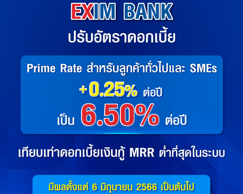 EXIM BANK ประกาศปรับอัตราดอกเบี้ย คงจุดยืนอัตราดอกเบี้ยเงินกู้ลูกค้ารายย่อยชั้นดีต่ำที่สุดในระบบ