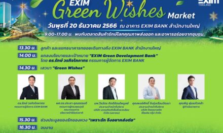 ธนาคารเพื่อการส่งออกและนำเข้าแห่งประเทศไทย (EXIM BANK) ขอเชิญร่วมงาน “EXIM Green Wishes Market” เพื่อส่งความสุขสู่ชุมชนและโลกที่ยั่งยืนในโอกาสต้อนรับปีใหม่ 2567 ในวันพุธที่ 20 ธันวาคม  เวลา 9.00-17.00 น. ณ สวนด้านหลังอาคารเอ็กซิม EXIM BANK สำนักงานใหญ่