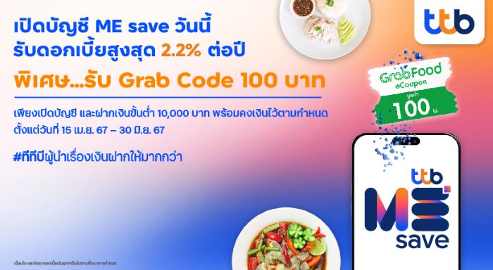 ทีทีบี ชวนออมง่ายได้มากกว่ากับบัญชี ME save รับดอกเบี้ยสูงสุด 2.2% ตั้งแต่บาทแรก  รับเพิ่ม Grab Code 100 บาท