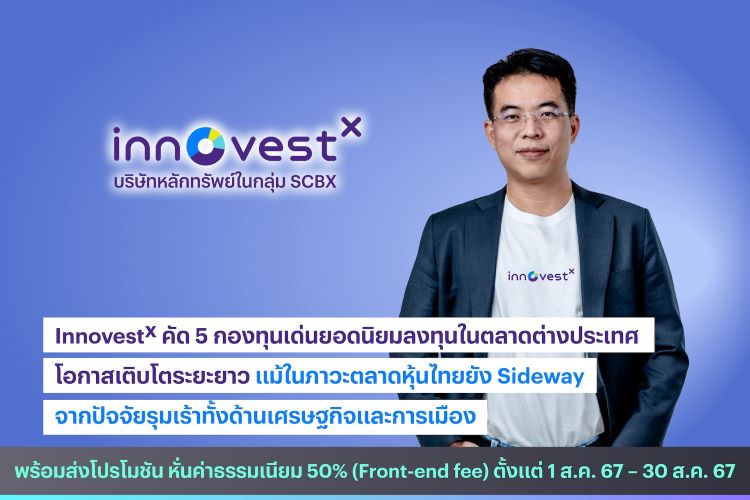 InnovestX คัด 5 กองทุนเด่นยอดนิยมลงทุนในตลาดต่างประเทศ โอกาสเติบโตระยะยาว แม้ในภาวะตลาดหุ้นไทยยัง Sideway จากปัจจัยรุมเร้าทั้งด้านเศรษฐกิจและการเมือง พร้อมส่งโปรโมชัน หั่นค่าธรรมเนียม 50% (Front-end fee) ตั้งแต่ 1 ส.ค. 67 – 30 ส.ค. 67